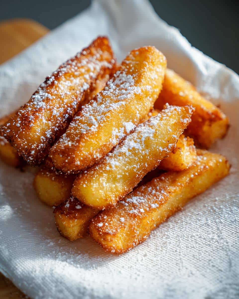 A pile of golden cookie fries dusted with powdered sugar on a white cloth.