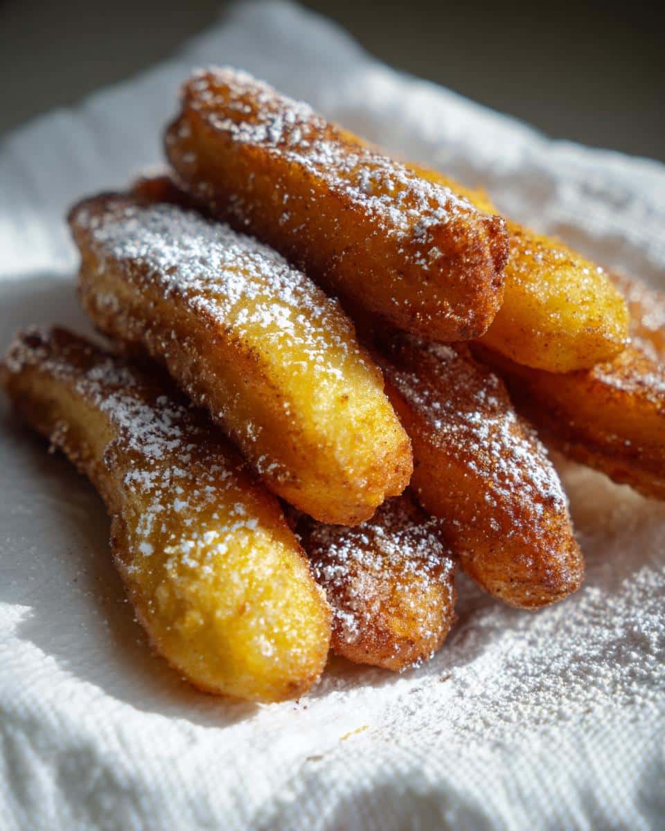 A stack of golden brown cookie fries dusted with powdered sugar on a white napkin.