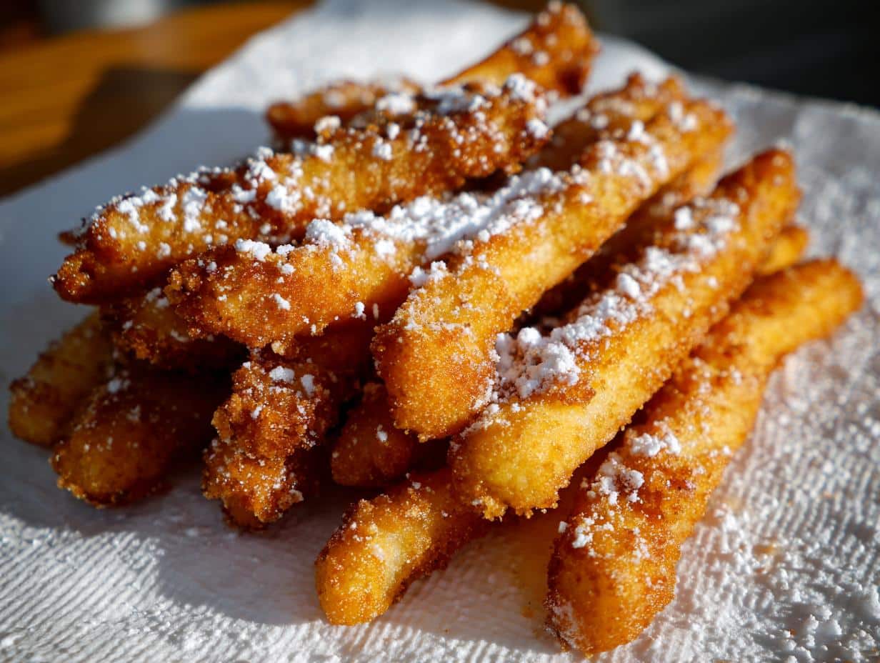 A pile of golden brown cookie fries dusted with powdered sugar on a white paper towel.
