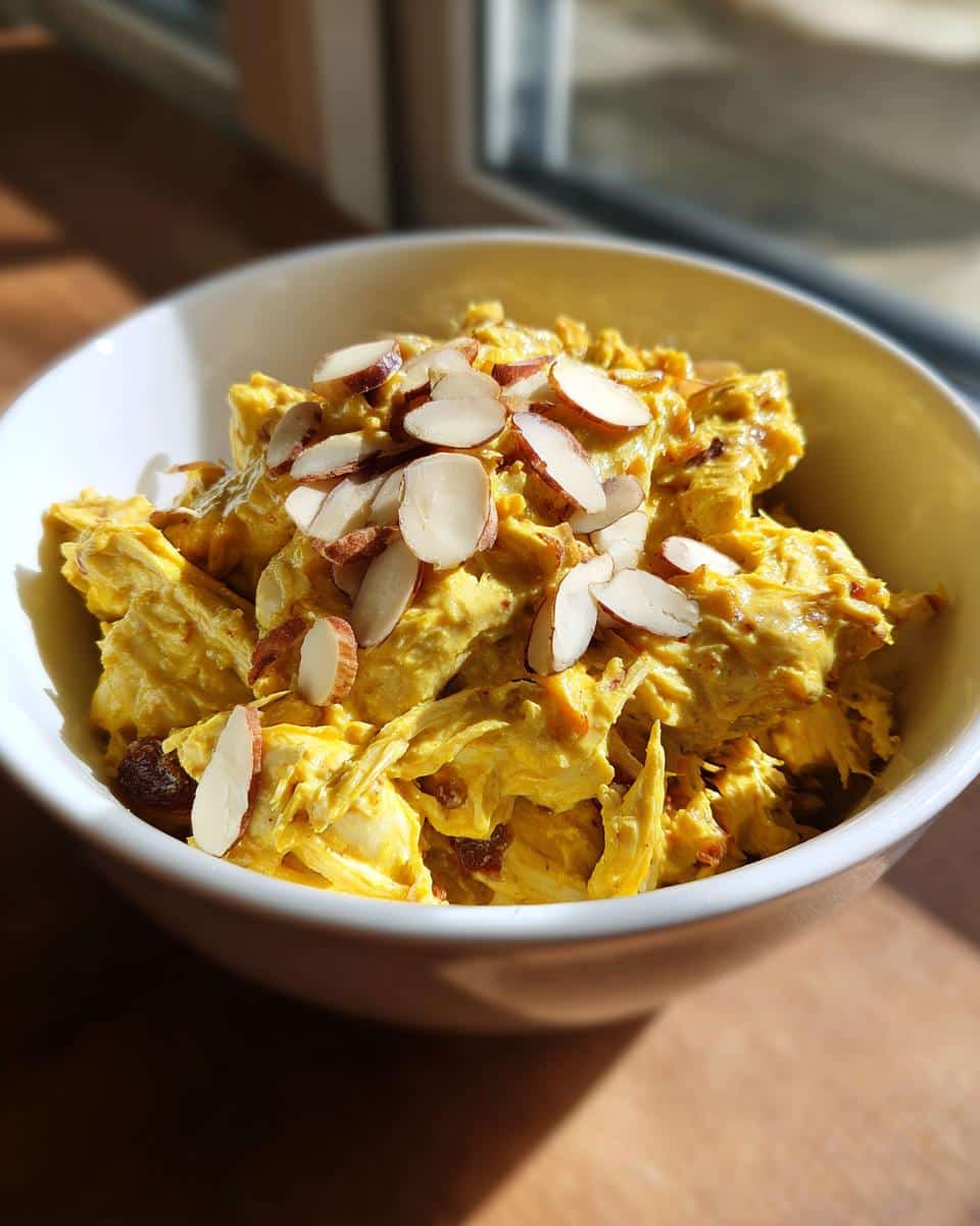 A bowl of Coronation chicken salad topped with sliced almonds, ready to be served.