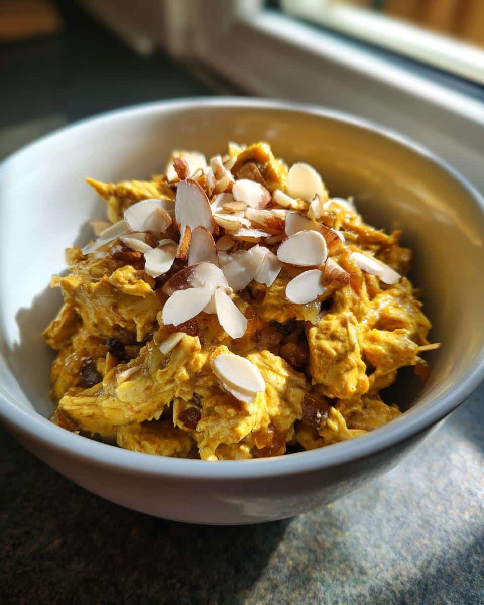A bowl of Coronation chicken salad, garnished with sliced almonds and raisins, sits near a window.