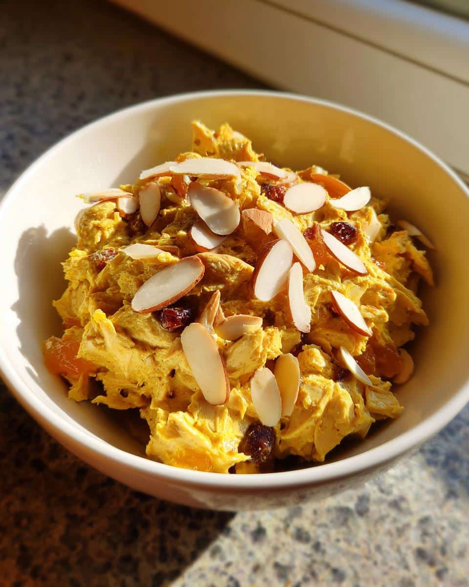 A bowl of Coronation chicken salad with almonds and raisins, ready to serve.