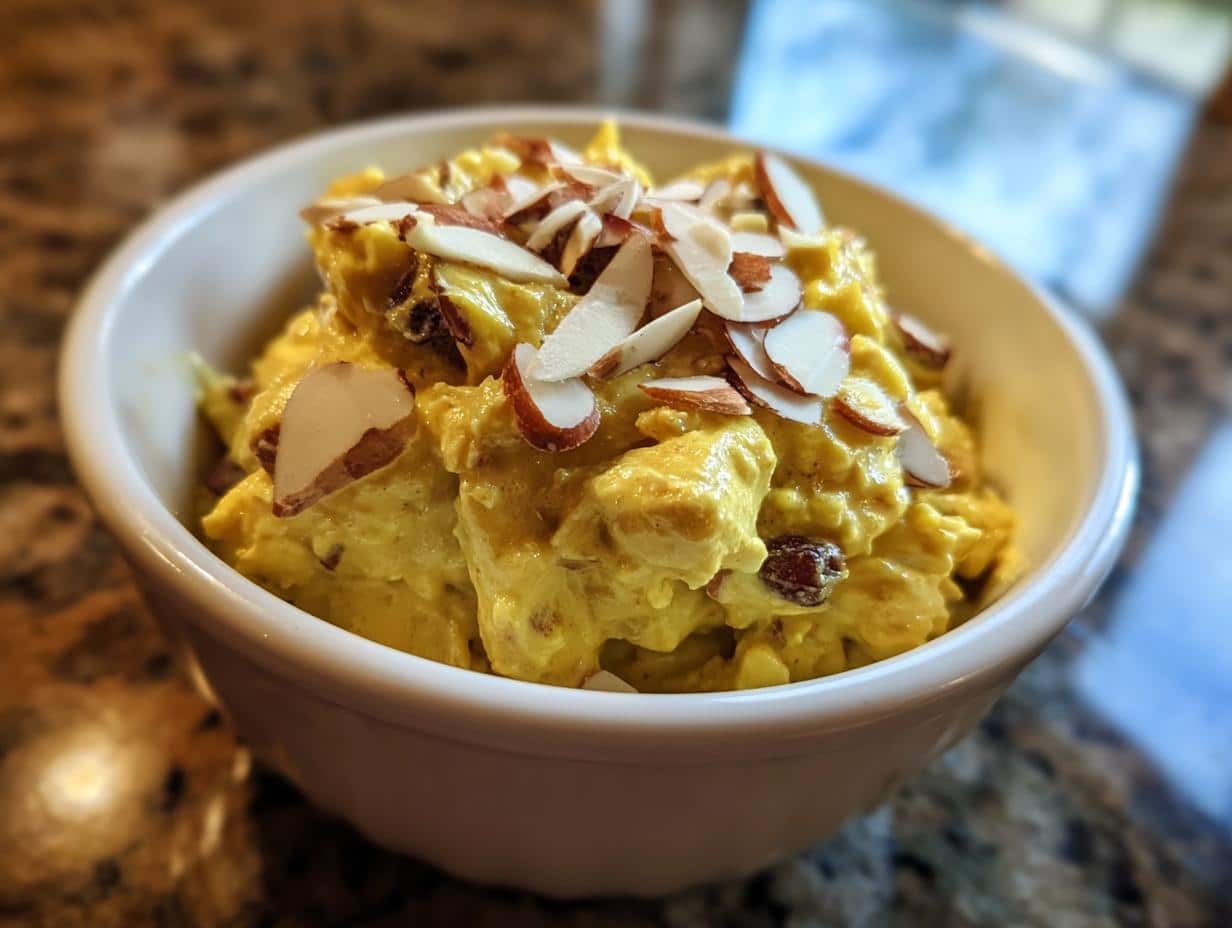 A bowl of Coronation chicken salad, topped with sliced almonds, presented on a granite countertop.