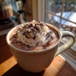 A mug of cracking latte topped with whipped cream and chocolate shavings, sitting on a wooden surface.