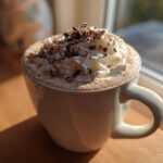 A white mug filled with a cracking latte, topped with whipped cream and chocolate shavings.