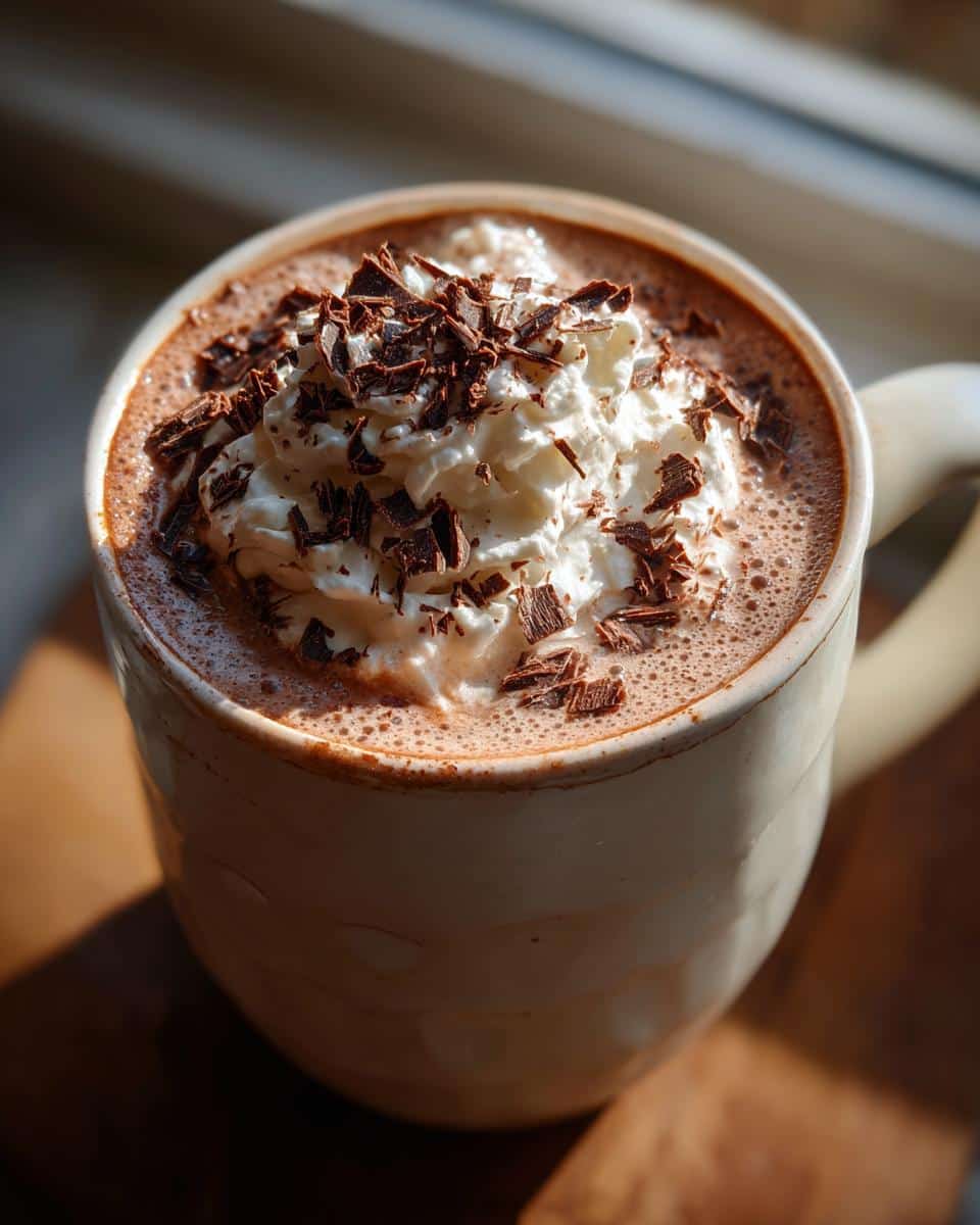 A mug of cracking latte topped with whipped cream and chocolate shavings.