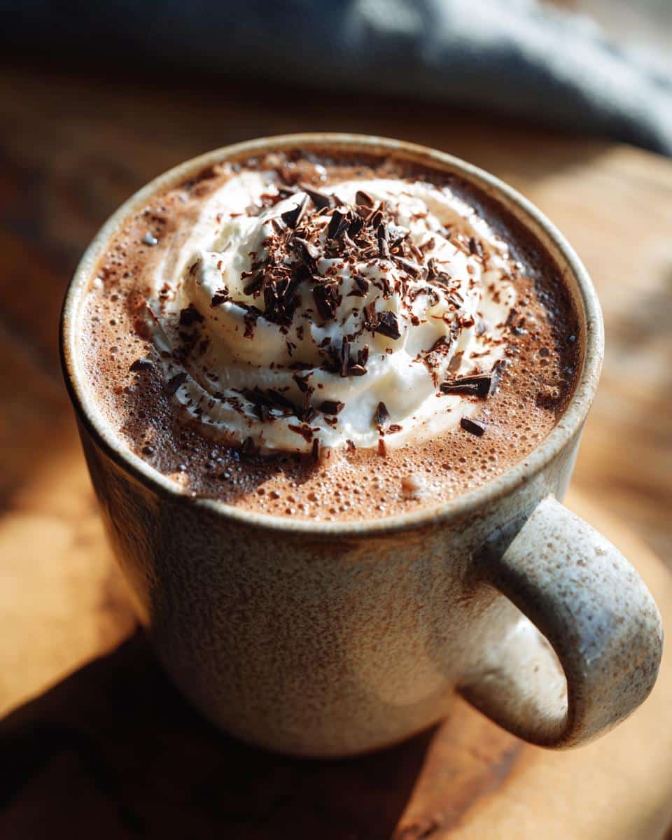 A mug of cracking latte topped with whipped cream and chocolate shavings, sitting on a wooden surface.