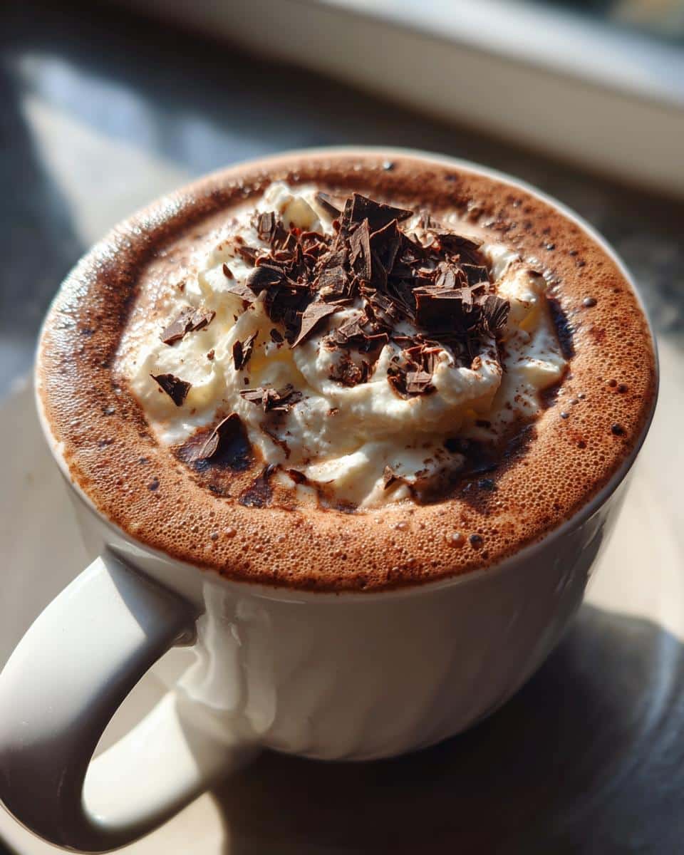 A frothy cracking latte topped with whipped cream and chocolate shavings in a white mug.
