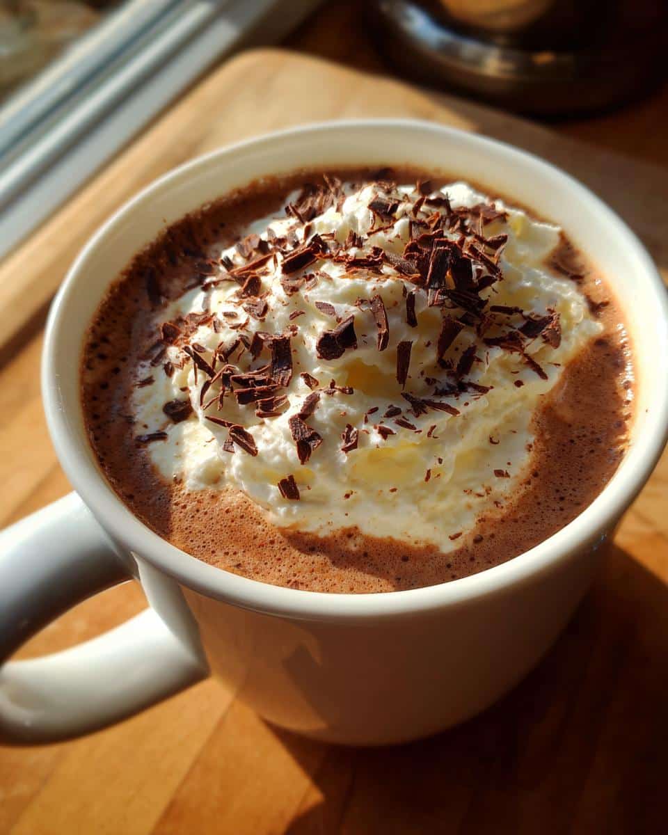 A mug of cracking latte topped with whipped cream and chocolate shavings, sitting on a wooden surface.