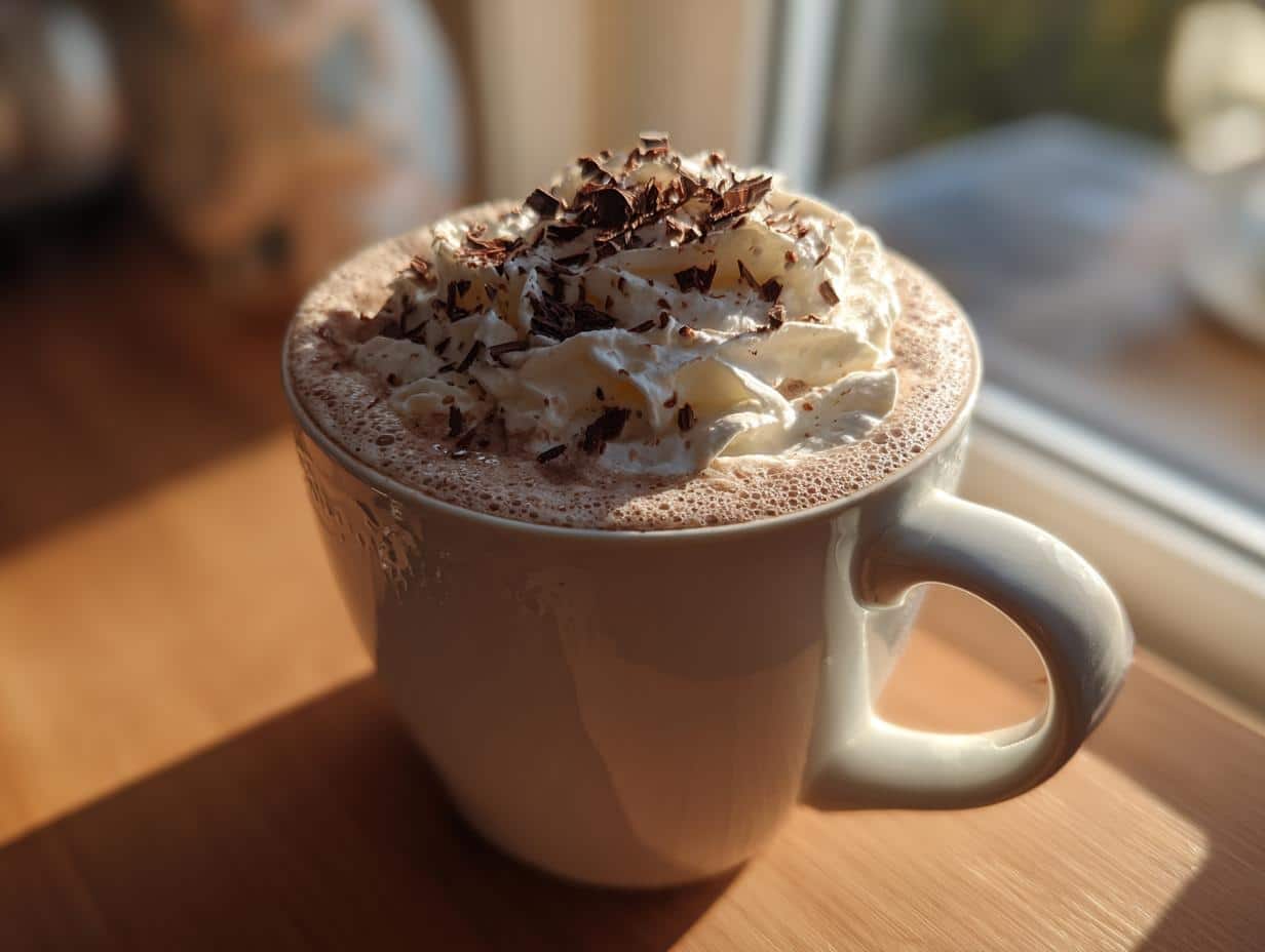 A white mug filled with a cracking latte, topped with whipped cream and chocolate shavings.