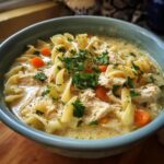 A close-up of a bowl of creamy chicken noodle soup, filled with noodles, shredded chicken, carrots, and parsley.