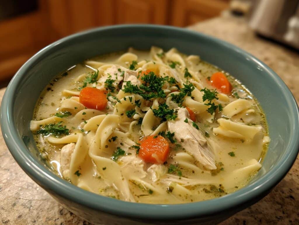 A close-up of a bowl of creamy chicken noodle soup, featuring wide noodles, shredded chicken, carrots, and parsley.