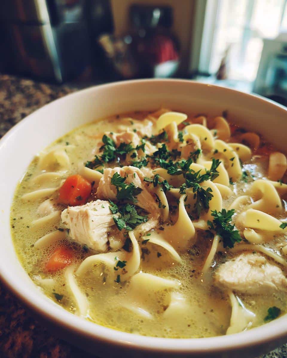 A close-up of a white bowl filled with creamy chicken noodle soup, featuring wide egg noodles, shredded chicken, and carrot pieces, garnished with fresh parsley.