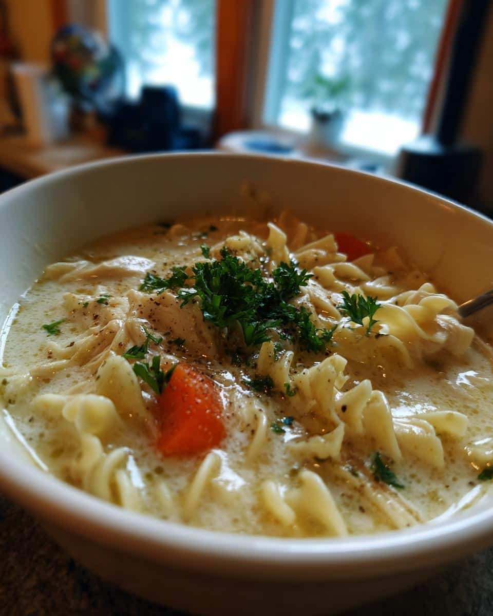 A comforting bowl of creamy chicken noodle soup, featuring noodles, chicken, carrots, and parsley.