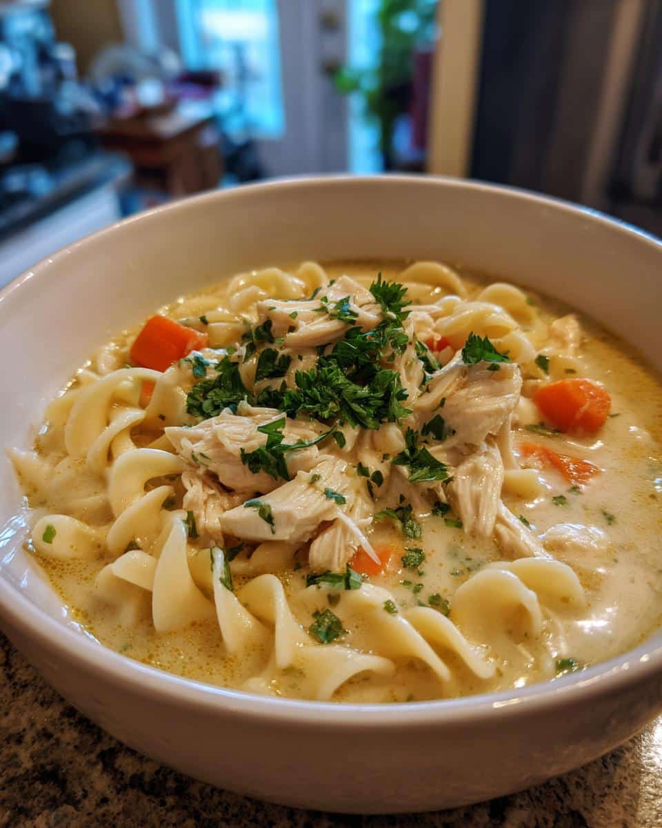 A close-up of a white bowl filled with creamy chicken noodle soup, topped with shredded chicken and fresh parsley.