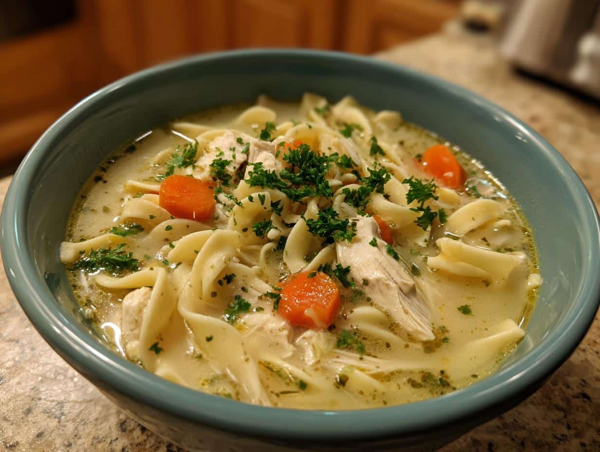 A close-up of a bowl of creamy chicken noodle soup, featuring wide noodles, shredded chicken, carrots, and parsley.