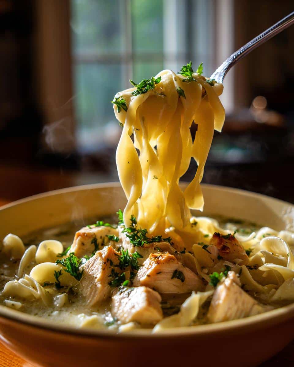 A fork lifts a generous portion of wide egg noodles from a bowl of creamy chicken noodle soup with chunks of chicken and parsley.