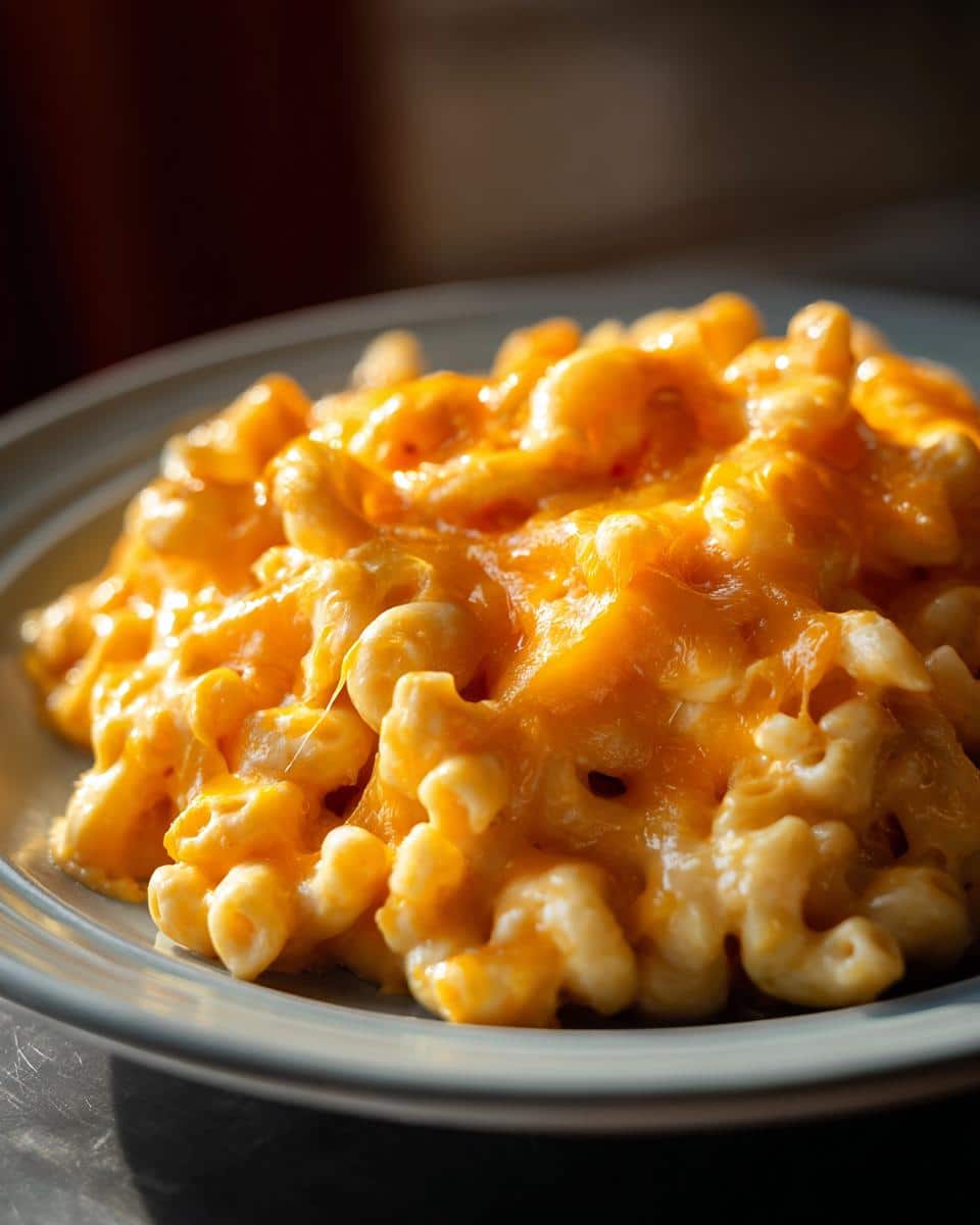 Close-up of a serving of creamy mac and cheese, with melted cheddar cheese topping.