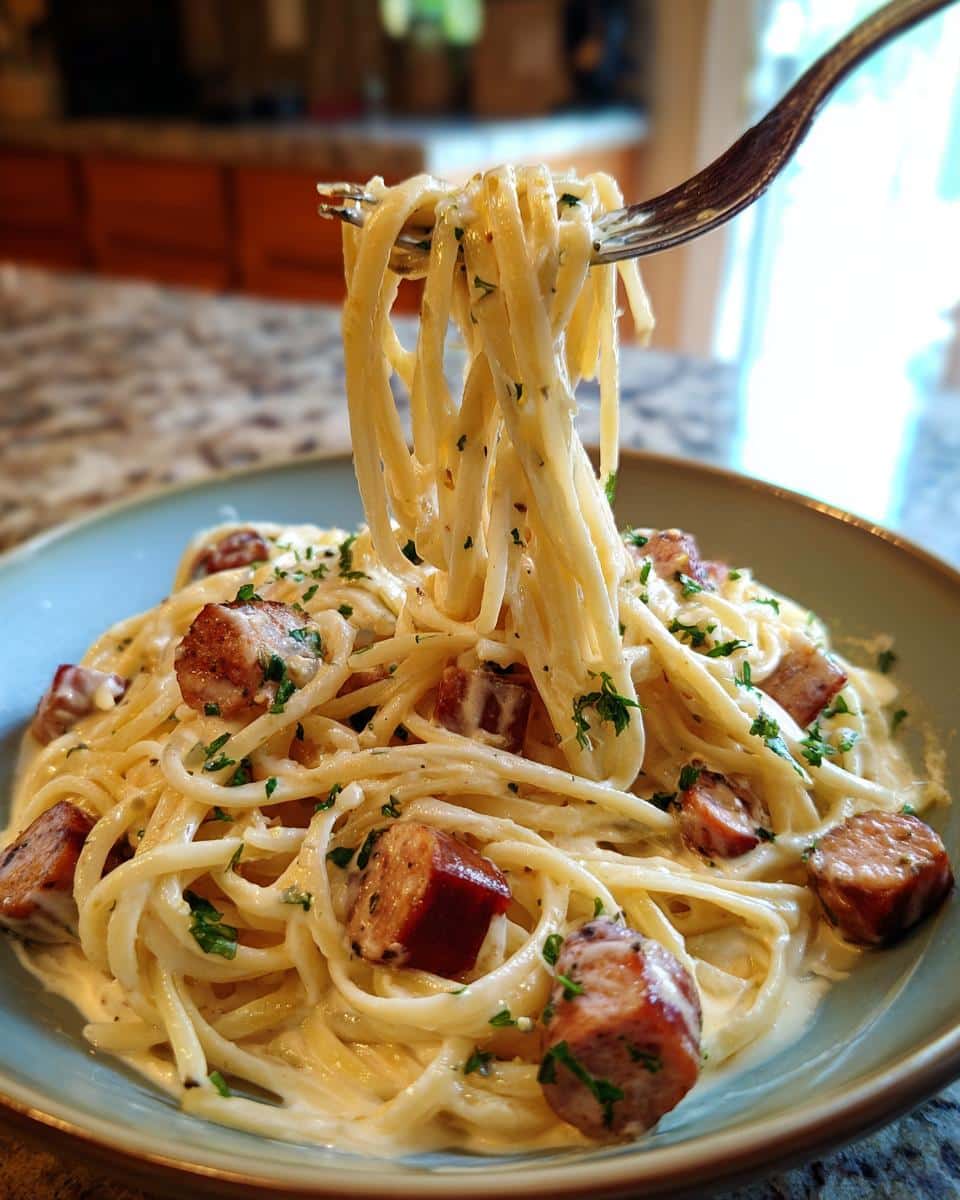 A fork lifting a swirl of Creamy Smoked Sausage Pasta, garnished with fresh parsley.