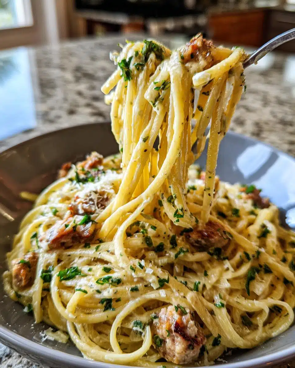 A fork lifts a generous portion of Creamy Smoked Sausage Pasta, coated in sauce and sprinkled with parsley.