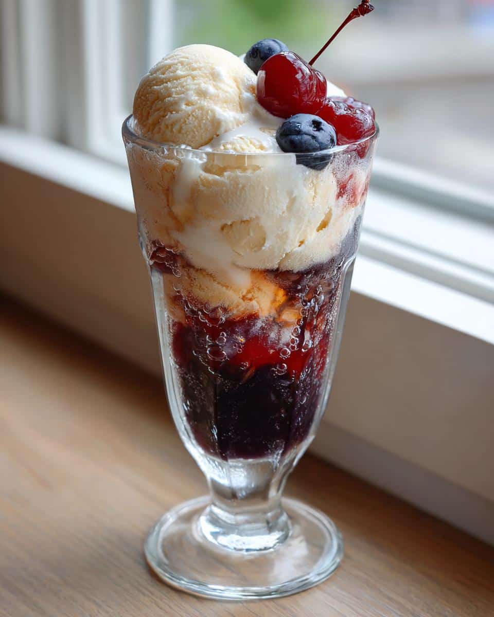 A creative soda float with layers of soda, ice cream, and fresh berries in a tall glass.