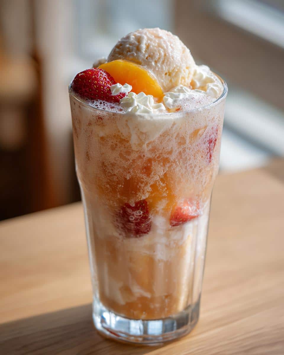 A creative soda float with ice cream, strawberries, and peach slices in a tall glass.