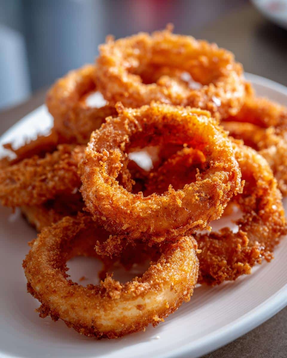 Pile of golden brown Crispy onion chips on a white plate, showcasing their crunchy texture.