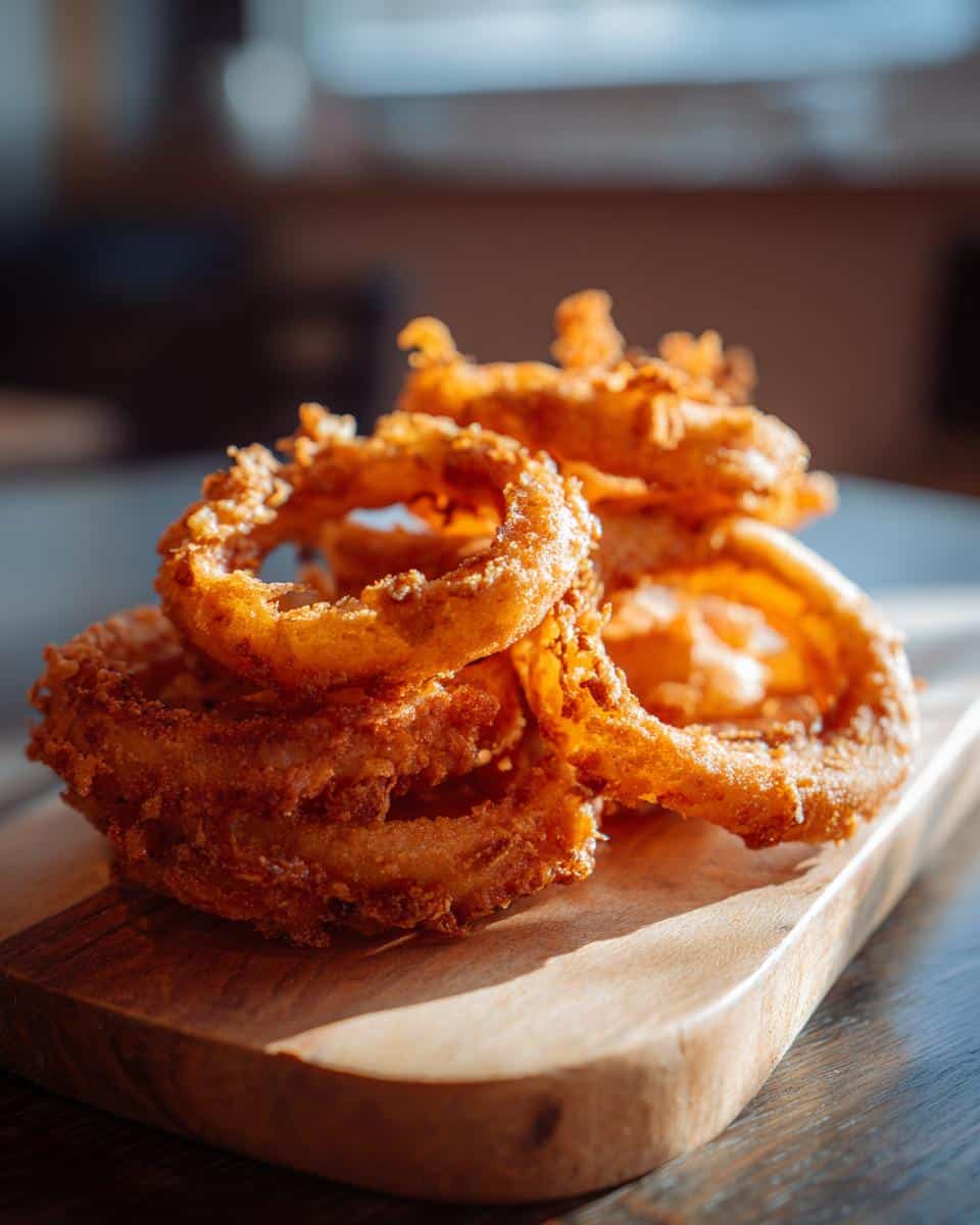 A stack of golden brown Crispy onion chips on a wooden cutting board, illuminated by natural light.