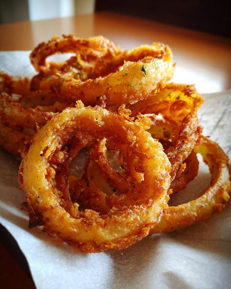 A stack of freshly made, golden crispy onion chips on a white paper liner.