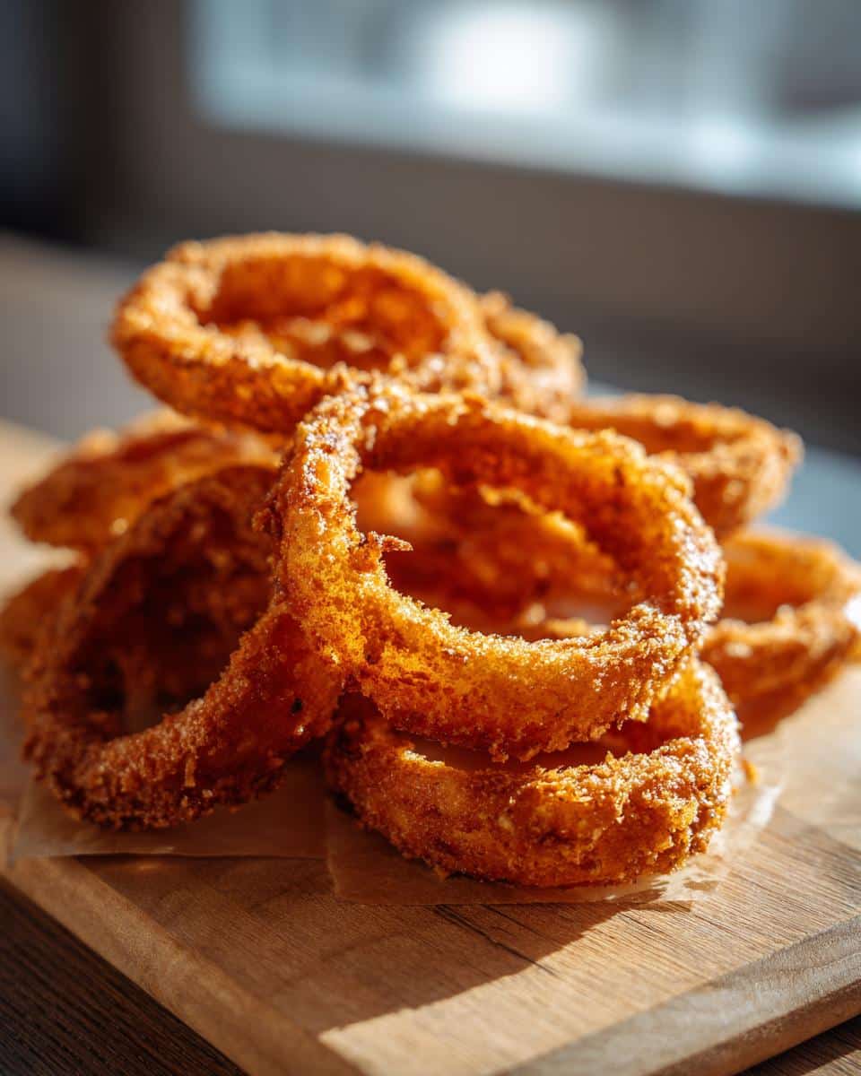 A stack of golden brown crispy onion chips on a wooden board, ready to eat.