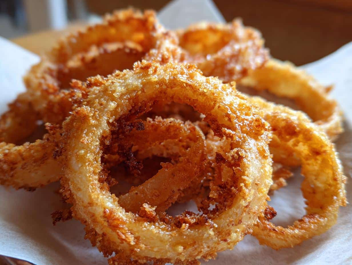 Close-up of golden, crispy onion chips. The onion rings are piled on a white surface, showcasing their texture.
