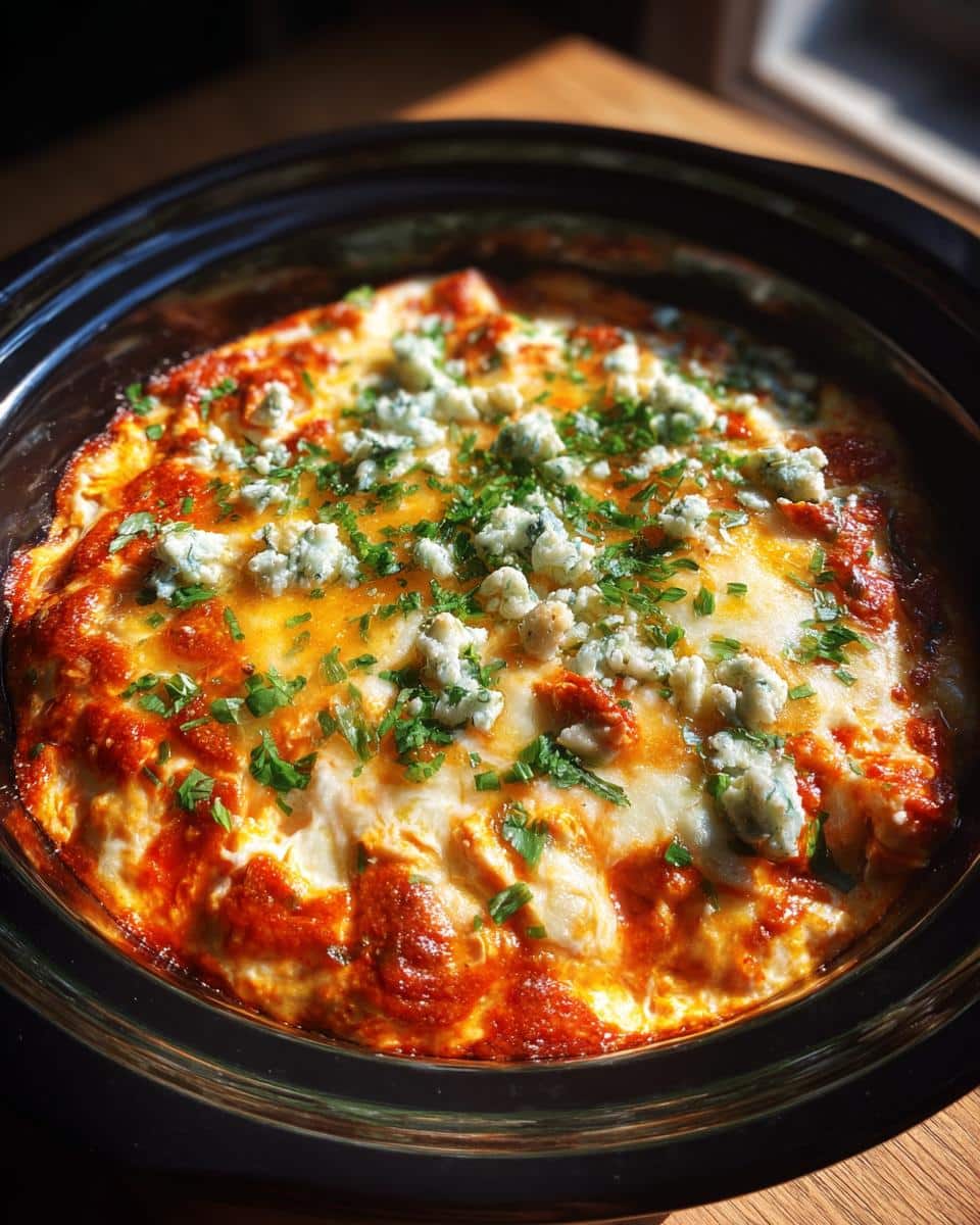 A bubbling crockpot buffalo chicken dip topped with crumbled blue cheese and fresh parsley.