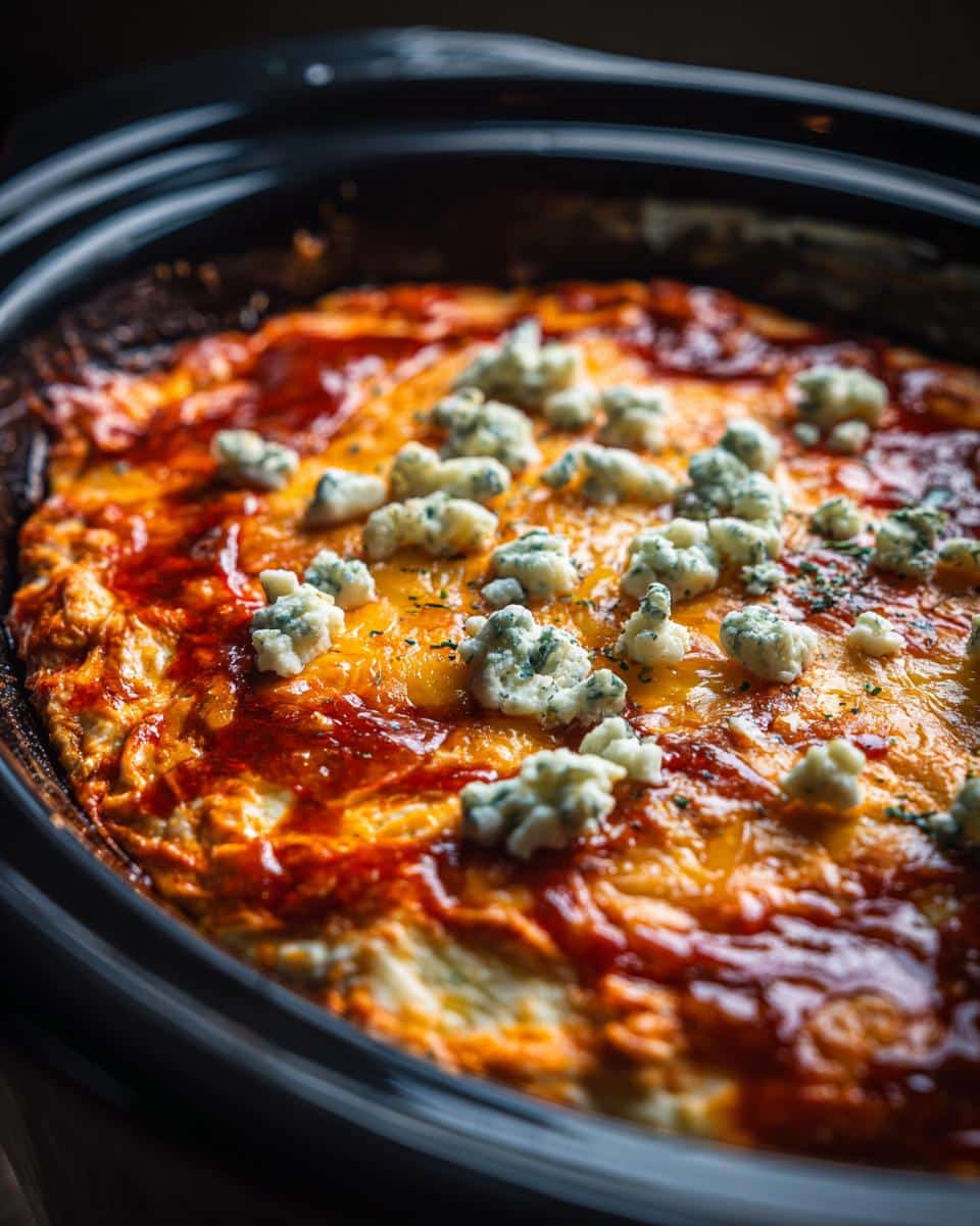 Close-up of bubbly crockpot buffalo chicken dip topped with melted cheese and crumbled blue cheese.