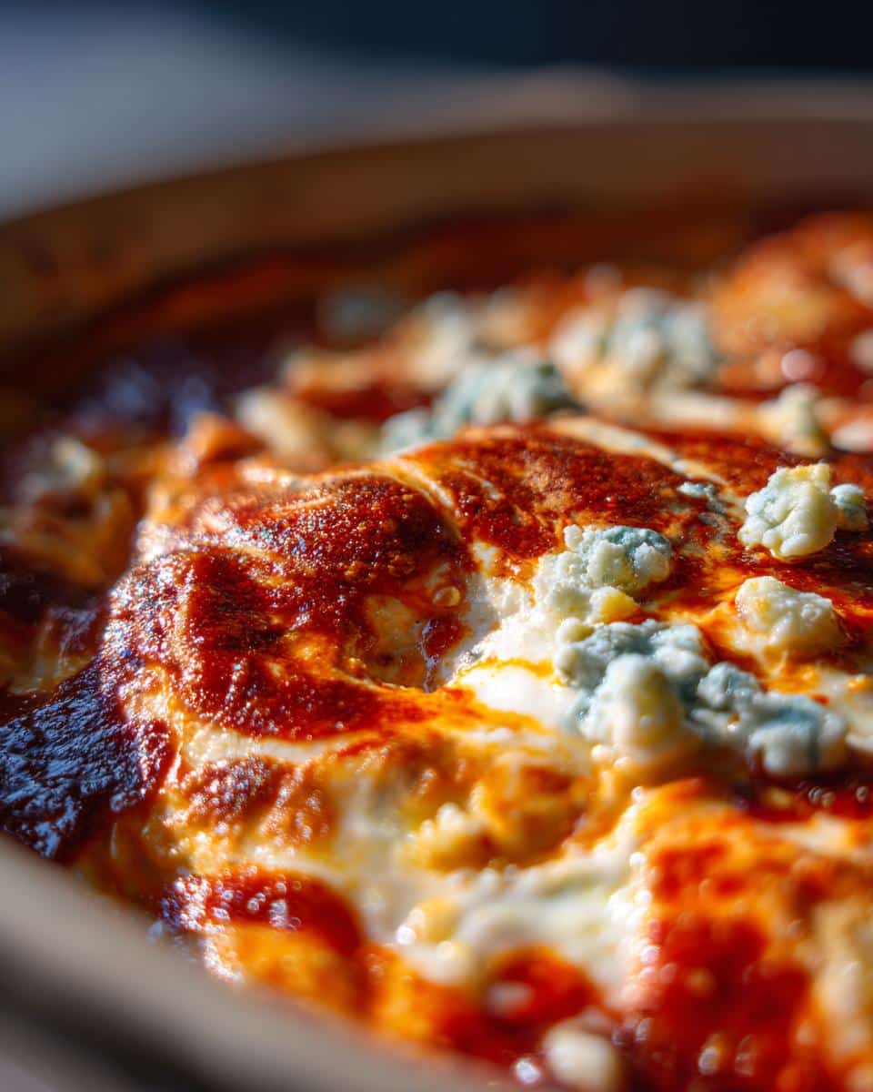 Close-up of bubbling crockpot buffalo chicken dip topped with melted cheese and crumbles of blue cheese.