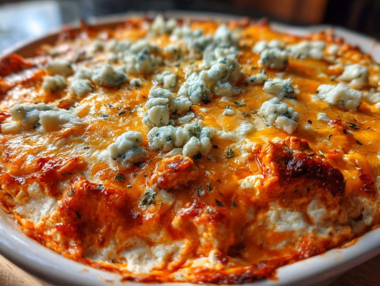 Close-up of bubbly crockpot buffalo chicken dip topped with melted cheese and crumbled blue cheese.