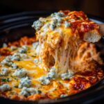 A scoop of gooey crockpot buffalo chicken dip with melted cheese and blue cheese crumbles being lifted from the pot.