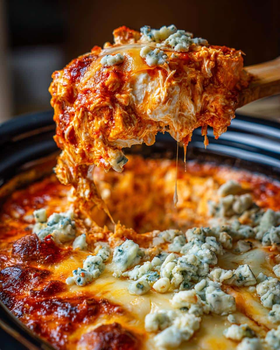 A wooden spoon scoops a generous portion of bubbling crockpot buffalo chicken dip topped with melted cheese and blue cheese crumbles.
