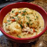 A close-up of a red bowl filled with creamy crockpot chicken and dumplings, topped with fresh parsley.