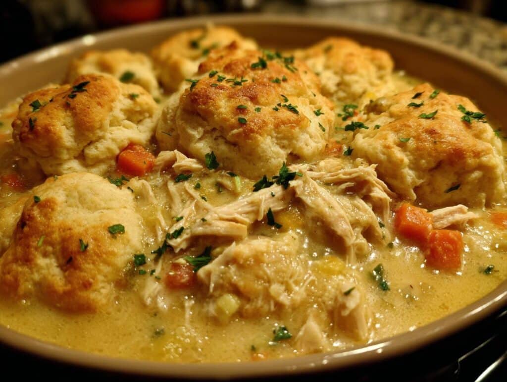 A close-up of hearty crockpot chicken and dumplings, featuring shredded chicken, carrots, and fluffy dumplings in a creamy sauce, garnished with parsley.