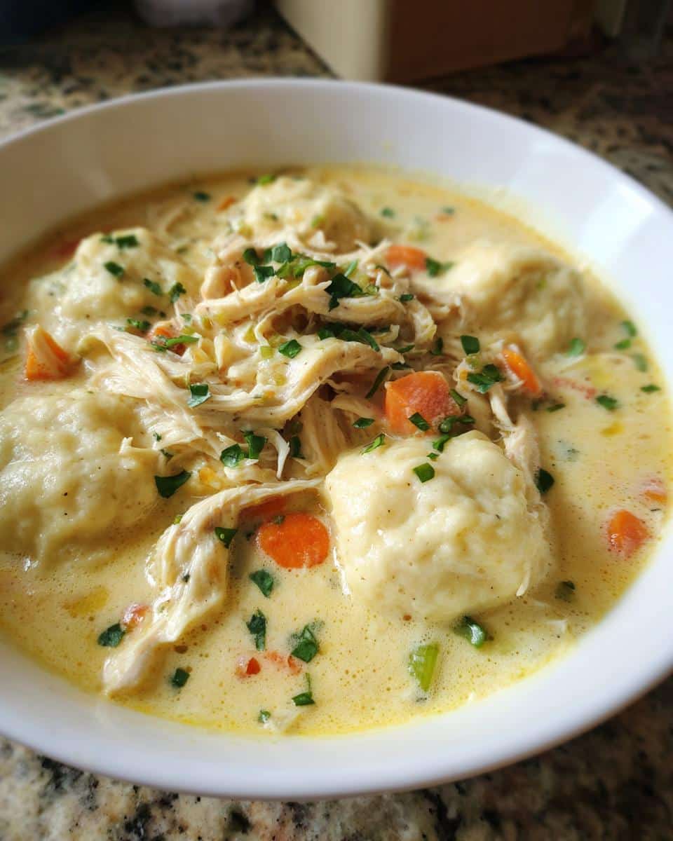 A close-up of a bowl of comforting crockpot chicken and dumplings, with shredded chicken, soft dumplings, and carrots in a creamy broth.