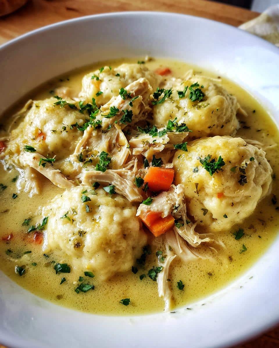 A comforting bowl of crockpot chicken and dumplings, featuring tender shredded chicken, fluffy dumplings, and carrots in a creamy broth, garnished with parsley.