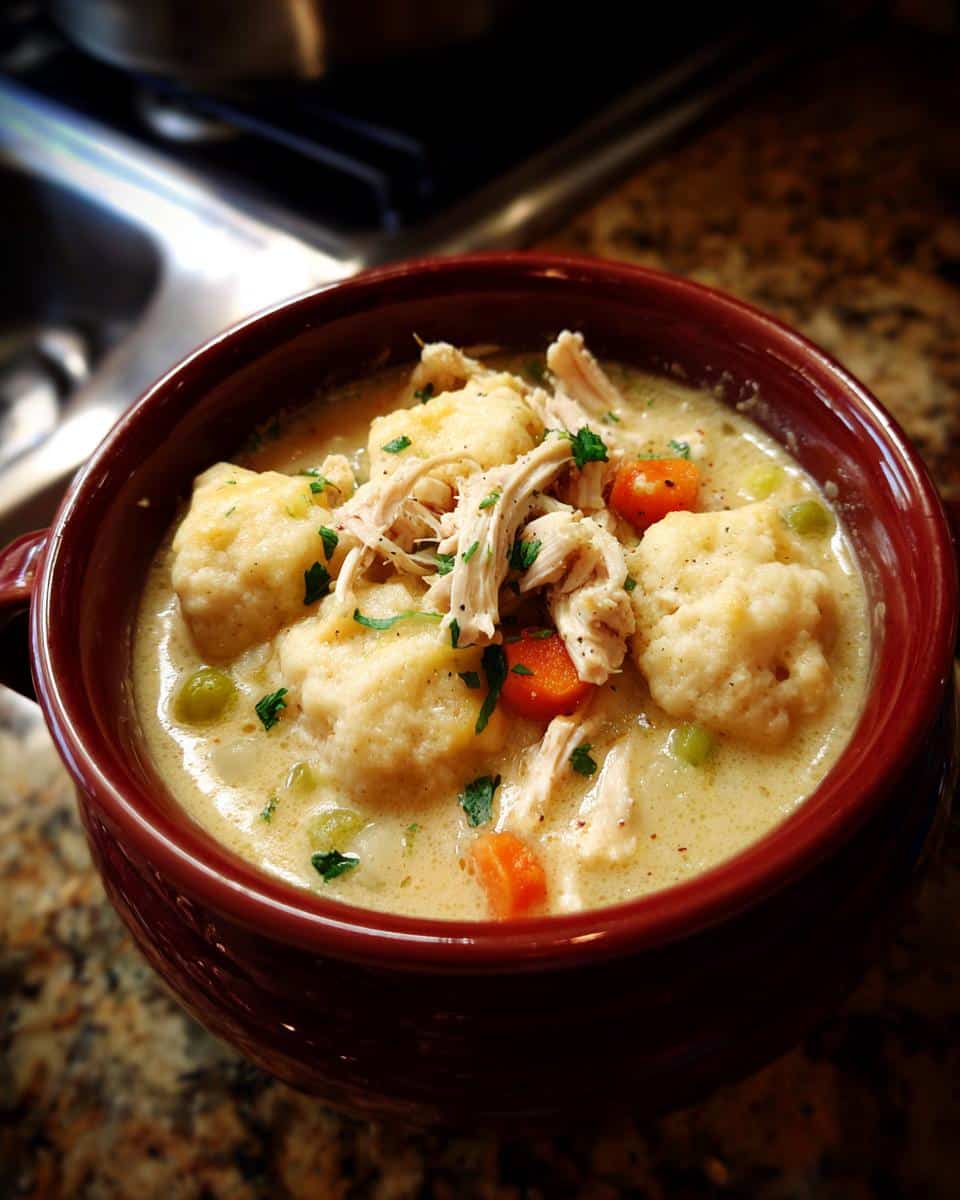 A close-up of a rich bowl of crockpot chicken and dumplings, featuring tender chicken, fluffy dumplings, carrots, and peas.