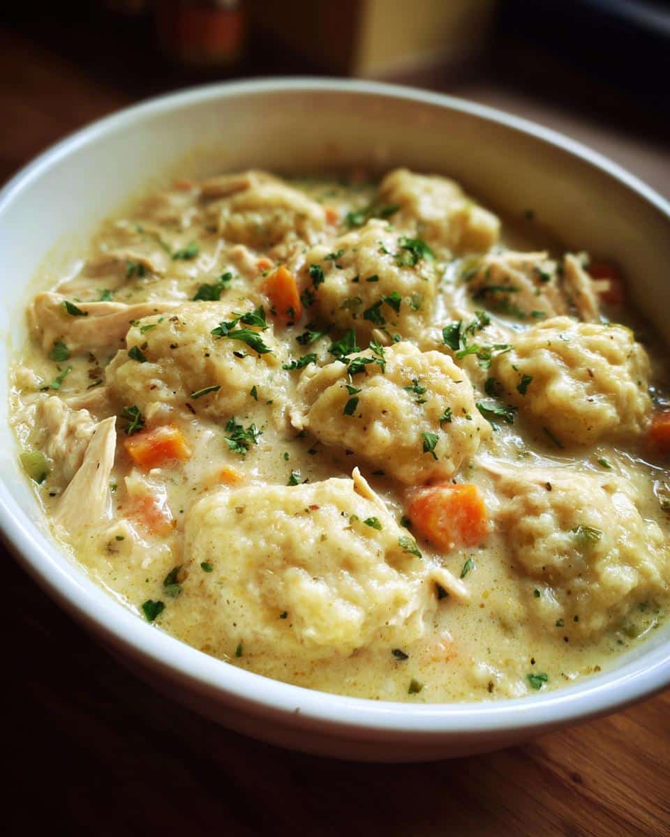 A close-up of a white bowl filled with creamy crockpot chicken and dumplings, topped with fresh parsley.