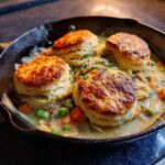 Four golden-brown biscuits sit atop a creamy crockpot chicken pot pie filling with peas and carrots.