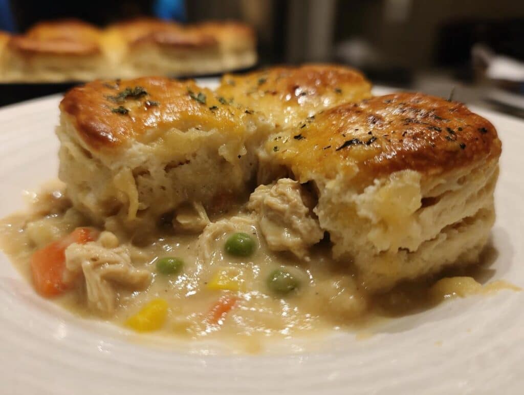 Close-up of a serving of crockpot chicken pot pie with tender chicken, vegetables, and a flaky biscuit topping.