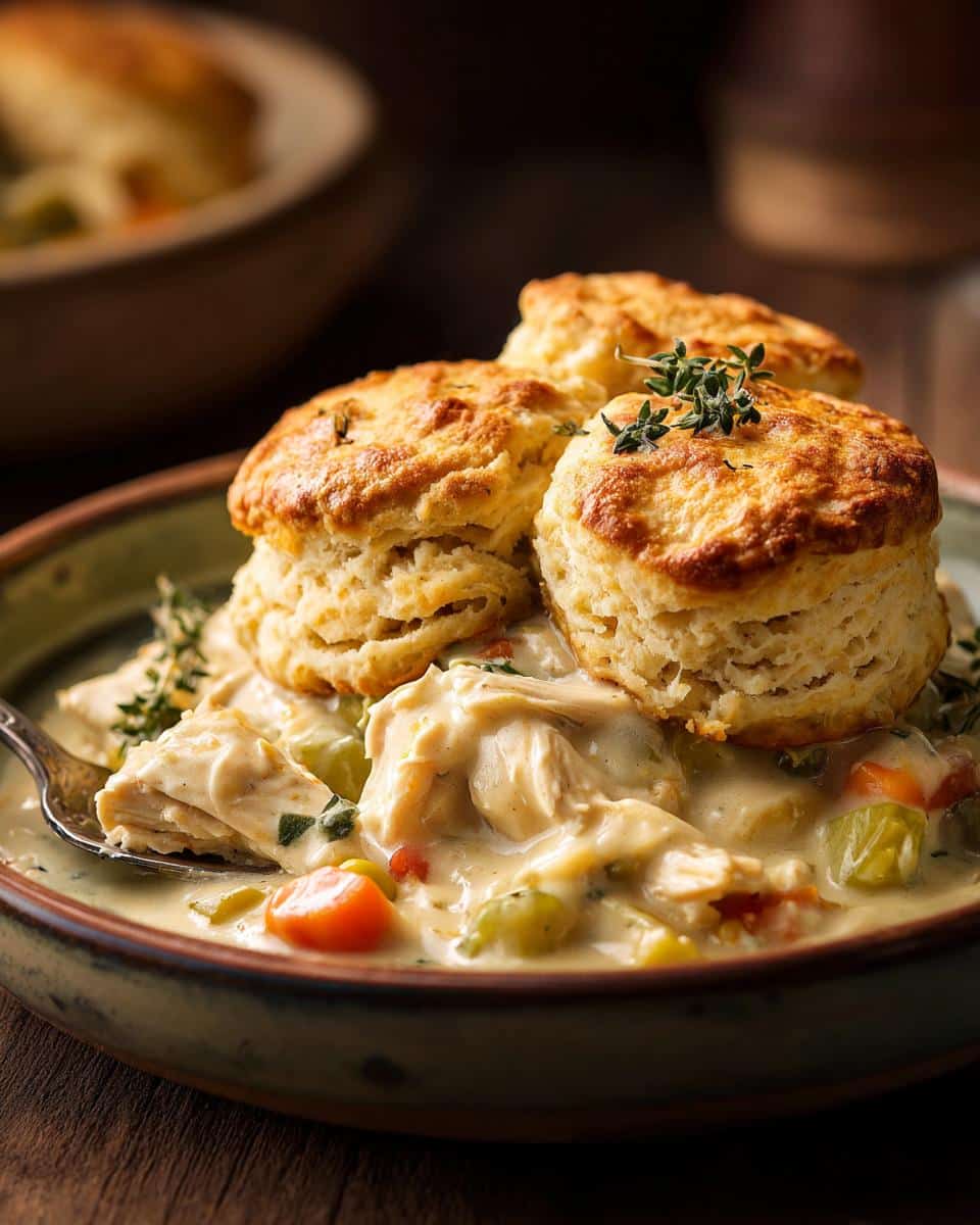 A close-up of a bowl of creamy crockpot chicken pot pie topped with three golden-brown biscuits and fresh thyme.