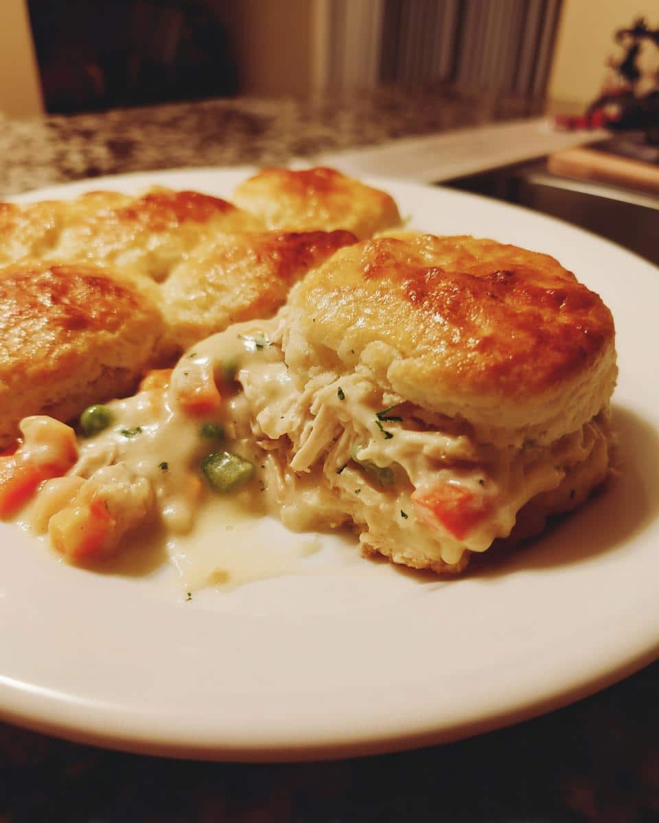 A close-up of a delicious crockpot chicken pot pie filling served between two golden biscuits, with peas and carrots visible.