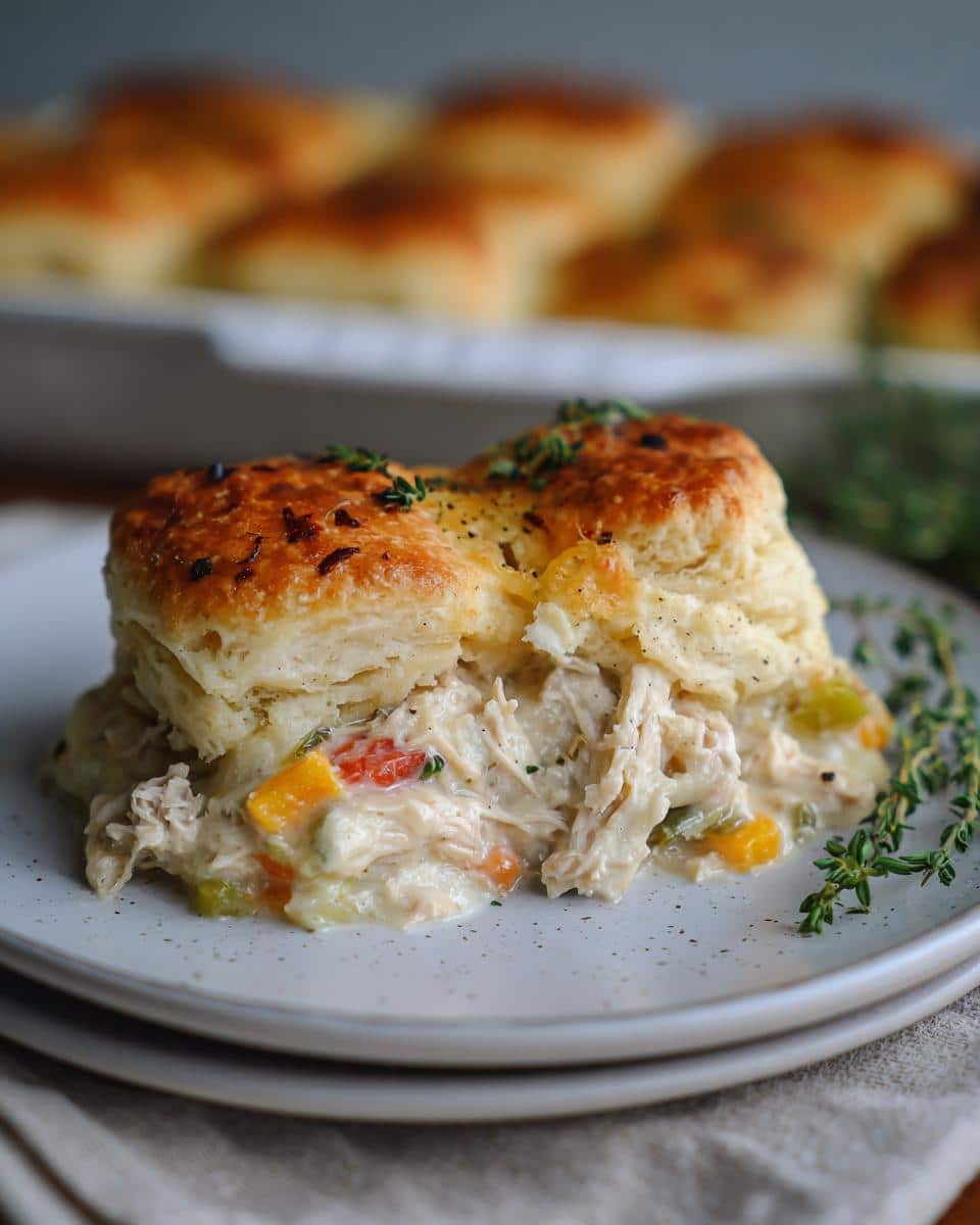 A close-up of a serving of crockpot chicken pot pie topped with golden-brown biscuits and fresh thyme.