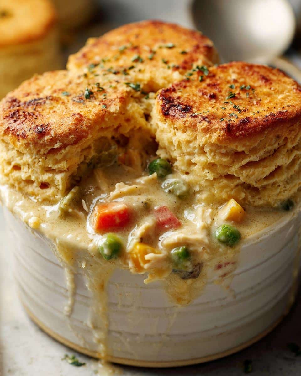 A close-up of a crockpot chicken pot pie with flaky biscuits, filled with chicken and vegetables.