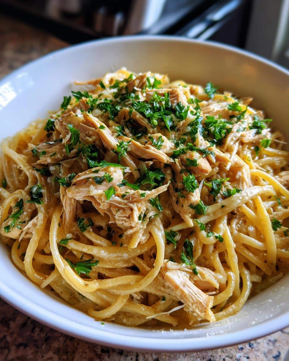 A close-up of Crockpot Garlic Parmesan Chicken Pasta in a white bowl, topped with fresh parsley.